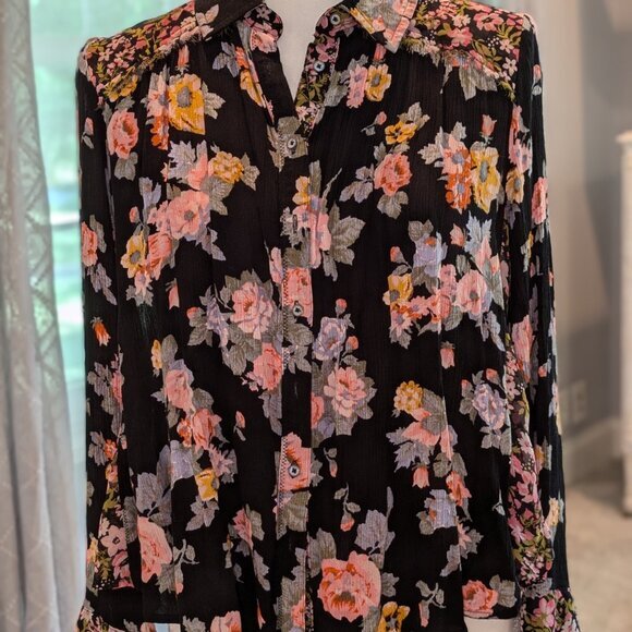 Free People Black Floral Mixed Media Button Down Blouse Top - Picture 1 of 6